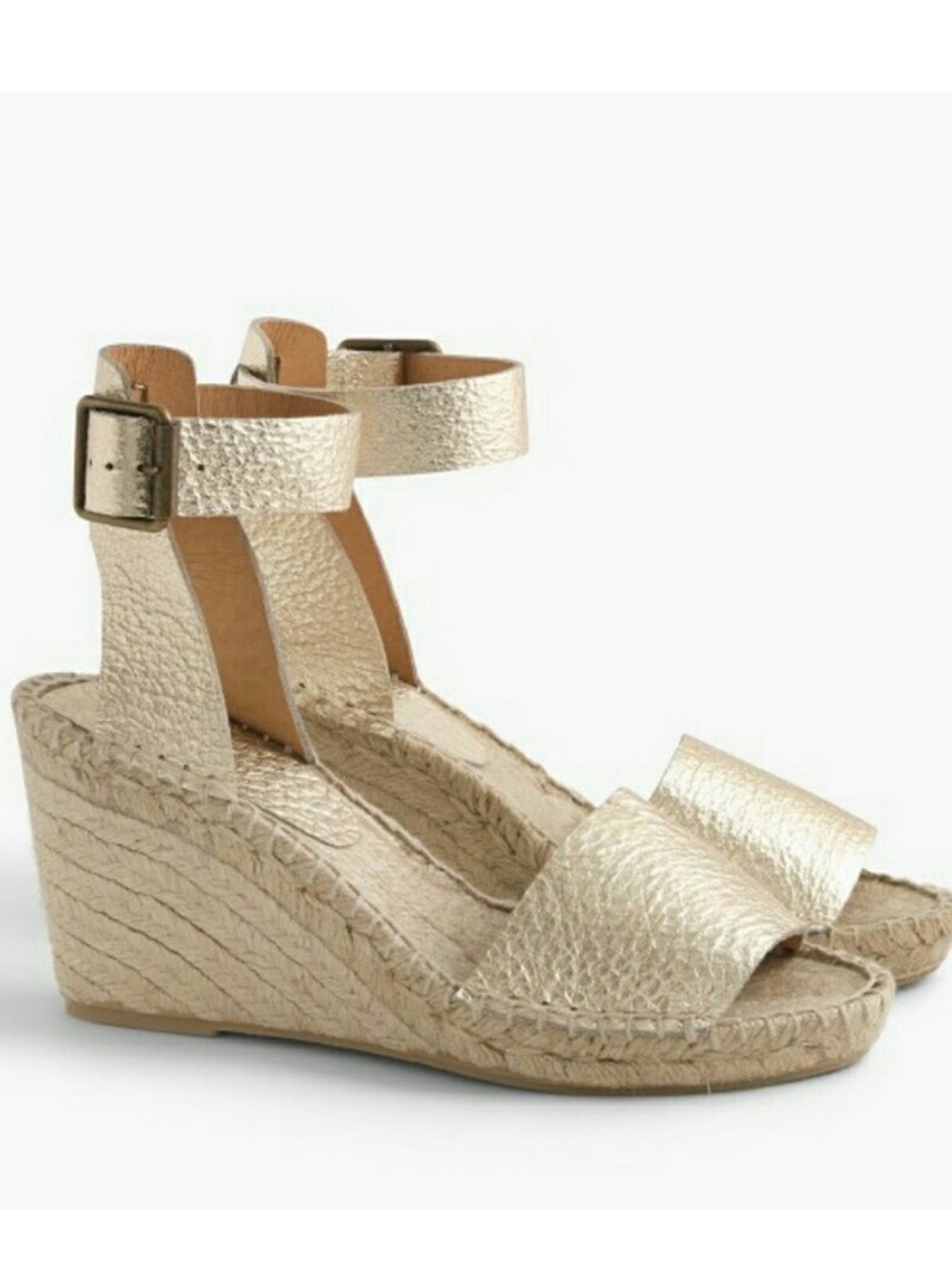 J. Crew Gold Metallic Pebbled Leather Espadrille Wedge Heel Sandals Size 10 - Picture 13 of 15